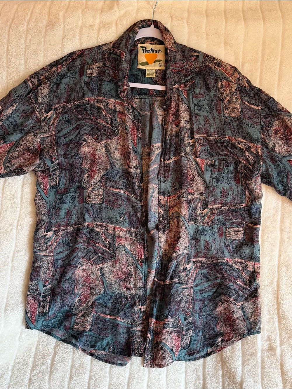 Protest Men's Silk Short-Sleeve Button-Down Shirt in Teal and Burgundy